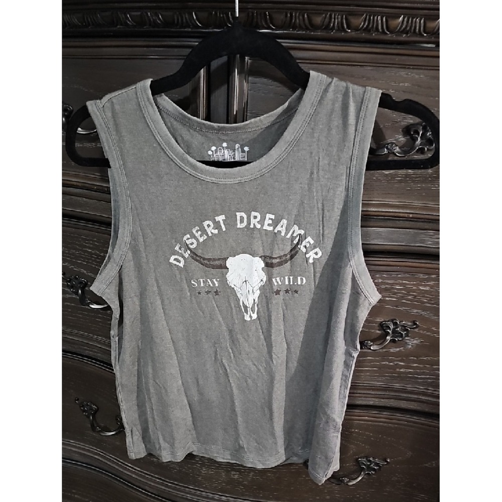 OG Babe Desert Dreamer Stay Wild Muscle Tank Top Gray Small Bull Skull Boho